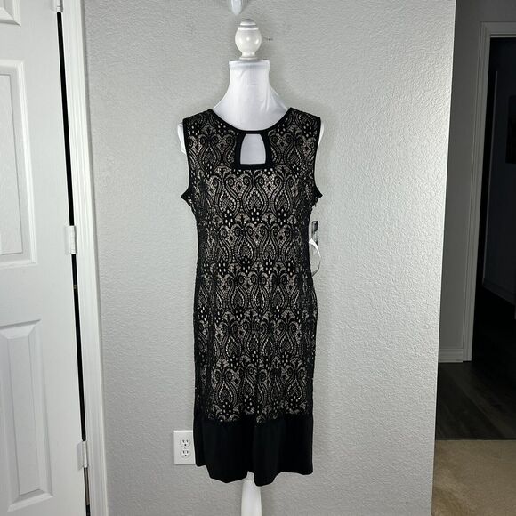 R M Richards Size 14 Black Sequin Lace Overlay Knee length Sheath Dress NEW - Picture 2 of 7